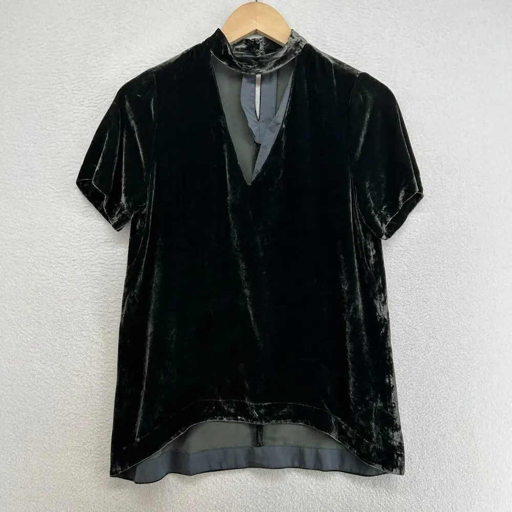 MADEWELL Top Womens XXS Velvet Choker Cutout V-Neck Silk Blend Blouse Green
